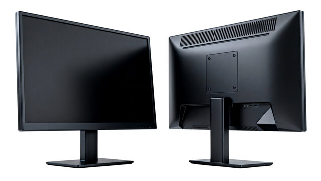  Front and Back View of Black Computer Monitor Screen Mockup Isolated on White