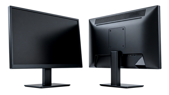  Front and Back View of Black Computer Monitor Screen Mockup Isolated on White