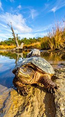 Diamondback Terrapin basking in the sun on a muddy bank.