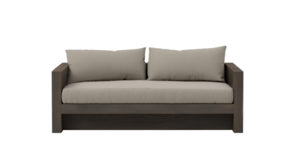 Modern minimalist sofa with dark wood frame and light gray upholstery on transparent background