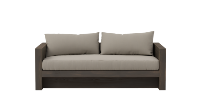 Modern minimalist sofa with dark wood frame and light gray upholstery on transparent background