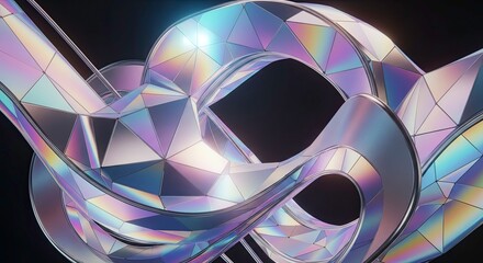 Abstract iridescent geometric knot structure with holographic and prismatic light reflections on a dark background