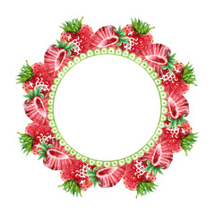 A round frame of red strawberries. A juicy summer berry wreath. Hand drawn watercolor illustration. Copy space template for design cosmetics, fruit snacks, marmalade, candies, chewing gum, menu