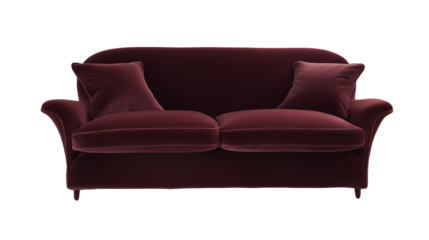 Plush burgundy velvet sofa with rolled arms and matching pillows on transparent background