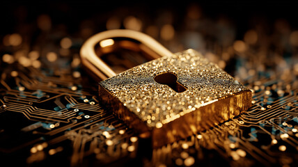 A digital security reliability concept illustrated through a metallic lock resting on circuitry symbolizing protection, safe infrastructure and trustworthy data systems.
