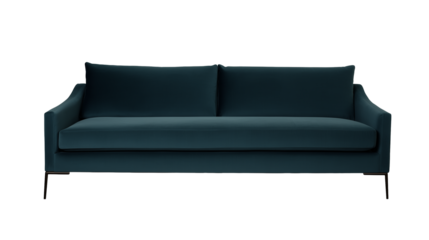Contemporary low-profile sofa with deep teal velvet upholstery and black metal legs on transparent background