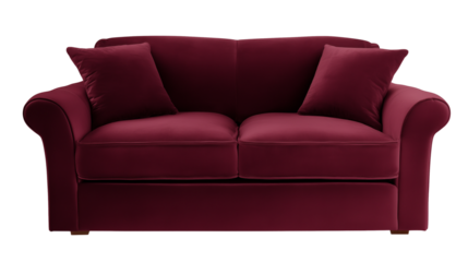 Elegant burgundy sofa with rolled arms and matching throw pillows on transparent background