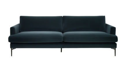 Contemporary low-profile sofa with deep teal upholstery and gold-finished legs on transparent background