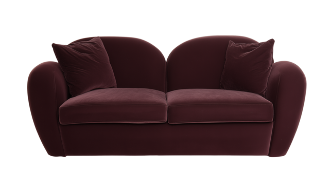 Modern burgundy sofa with cushioned arms and throw pillows on transparent background