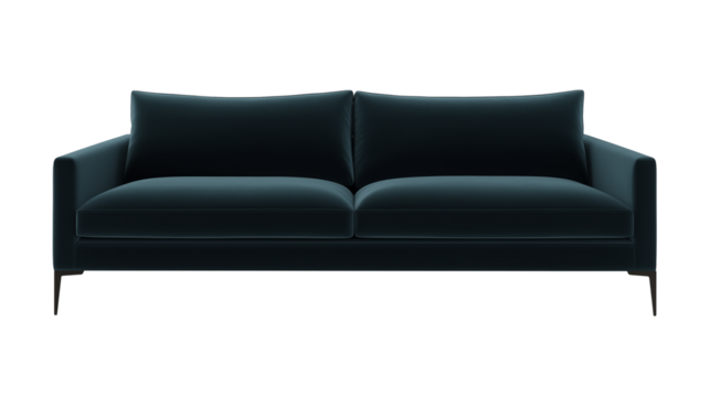 Modern sofa with deep teal velvet upholstery and dark wood legs on transparent background