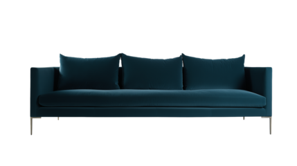 Contemporary teal sofa with metallic legs and square cushions on transparent background