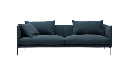 Obraz premium Modern minimalist sofa with dark blue upholstery and metallic legs on transparent background