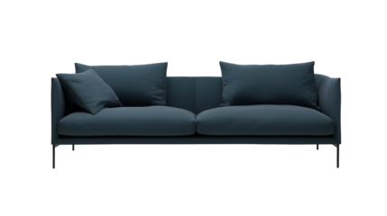 Modern minimalist sofa with dark blue upholstery and metallic legs on transparent background