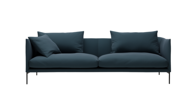 Modern minimalist sofa with dark blue upholstery and metallic legs on transparent background - Powered by Adobe