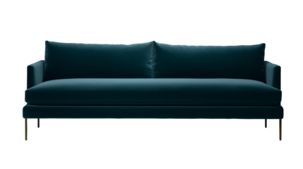 Contemporary sofa with teal upholstery and gold-toned metal legs on transparent background