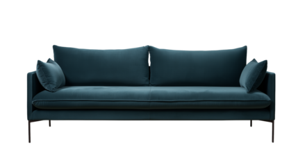 Modern teal velvet sofa with metallic legs and throw pillows on transparent background