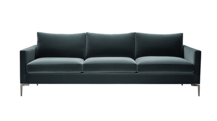 Fototapeta premium Contemporary three-seater sofa with deep teal fabric and metallic legs on transparent background