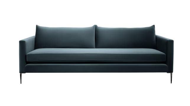 Sleek low-profile sofa with deep teal upholstery and metallic legs on transparent background