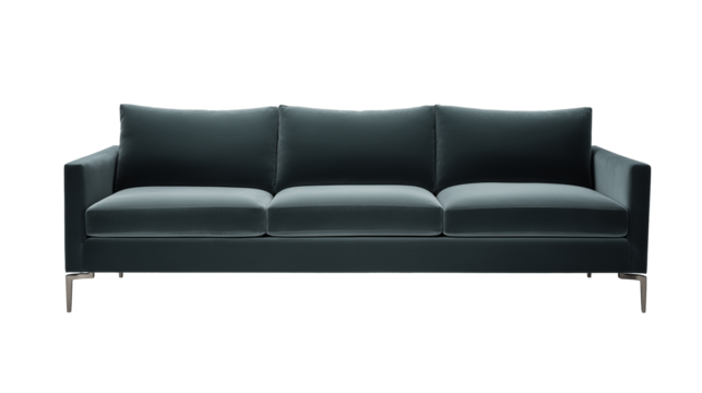 Contemporary three-seater sofa with deep teal fabric and metallic legs on transparent background