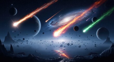 Celestial panorama: Cosmic meteor shower over an ethereal exoplanetary landscape
