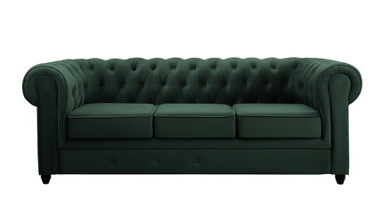 Fototapeta premium Three-seater sofa with green upholstery and dark wooden legs on transparent background