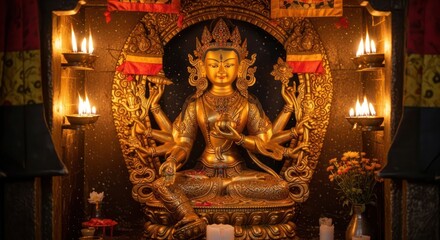 Enchanting deity amidst flickering candles in a tranquil sanctuary setting