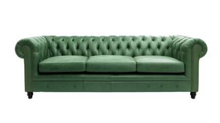 Chesterfield-style sofa with rich green leather and turned wooden legs on transparent background