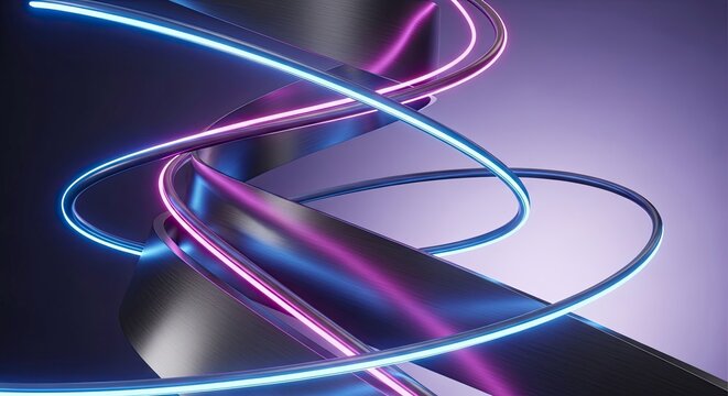 Abstract 3d rendering of swirling neon light tubes in vibrant blue and pink against a dark purple background - Powered by Adobe