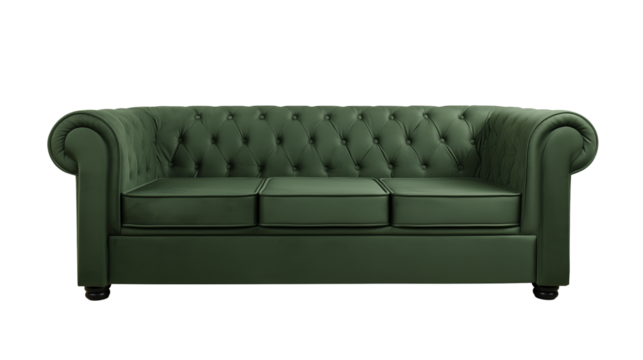 Chesterfield-style sofa in vibrant green leather with rolled arms and button tufting on transparent background