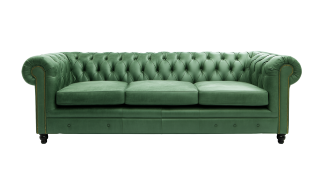 Chesterfield-style sofa with rich green leather and turned wooden legs on transparent background