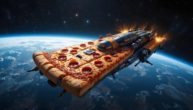 futuristic spaceship shaped as pepperoni pizza flying in outer space