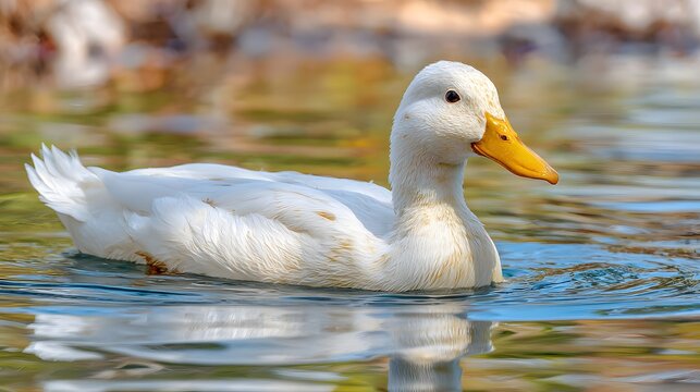White duck swimming gracefully in a tranquil pond on a sunny day.