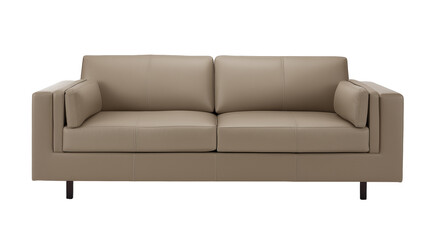 Fototapeta premium Contemporary minimalist sofa with light beige leather upholstery and dark wooden legs on transparent background