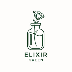 Elegant Elixir Green Logo Featuring a Delicate Flower in a Bottle.