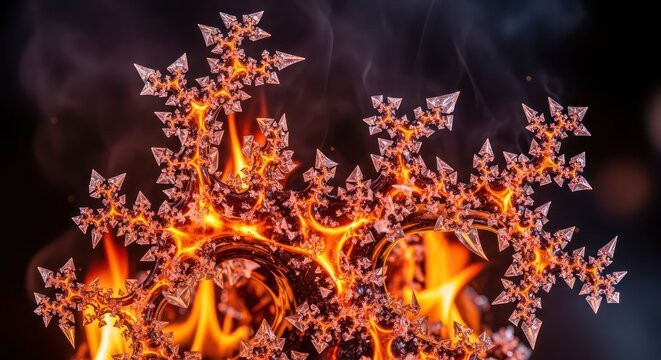 Fiery fractal composition with intricate crystalline structures amidst smoke and intense light