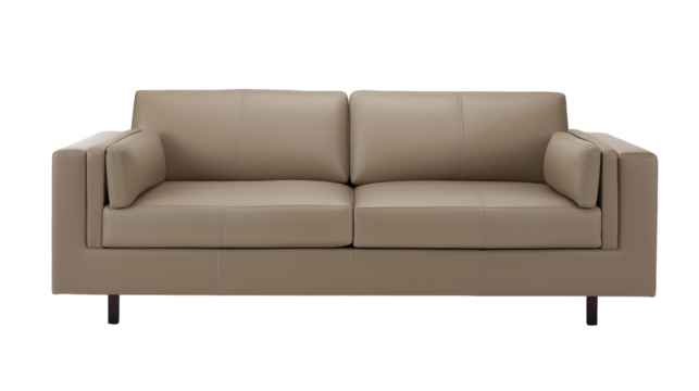 Contemporary minimalist sofa with light beige leather upholstery and dark wooden legs on transparent background