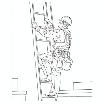 A construction worker wearing safety gear ascends a ladder, illustrating workplace safety and occupational hazards in an industrial setting.