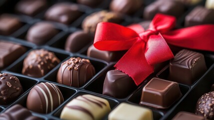 Delicious gourmet chocolate pralines in a gift box with a festive red bow