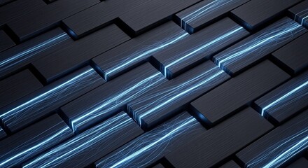 Abstract dark technological background with glowing blue energy lines on textured rectangular panels
