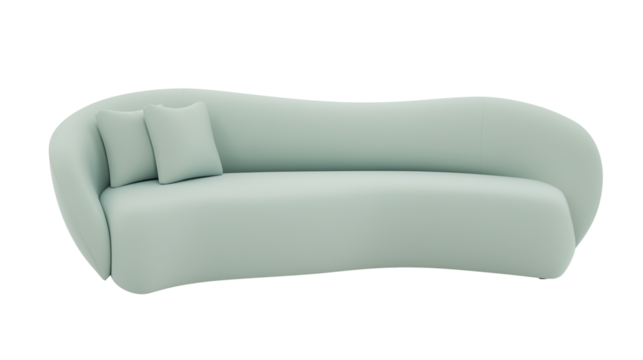 Modern minimalist sofa in light mint green with transparent background
