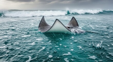Submerged sea creature interacting with coastal waves on a stormy day ocean habitat
