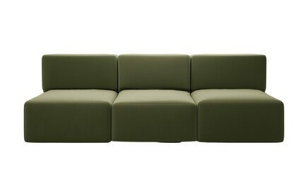 Fototapeta premium Modern green sofa with rectangular cushions on transparent background