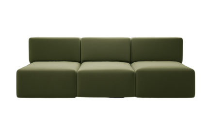 Modern green sofa with rectangular cushions on transparent background