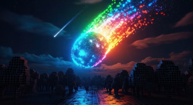 Voxelated meteor shower illuminating a stylized digital forest in the night sky