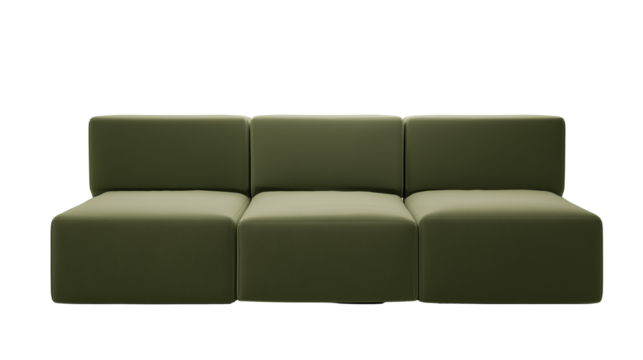 Modern green sofa with rectangular cushions on transparent background