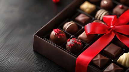 Assorted chocolate pralines in a gift box with a red ribbon on a dark background