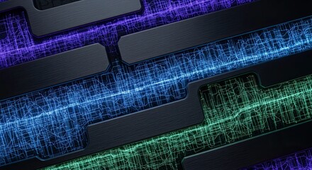 Abstract digital data flow with glowing light particles moving through dark futuristic microchip channels in purple, blue, and green