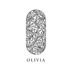 Elegant olive branch design with the name Olivia, a botanical illustration.