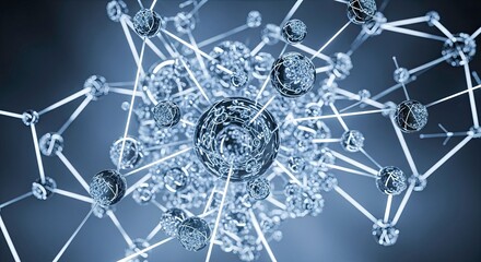 Abstract 3d rendering of a complex molecular structure or network of interconnected glowing nodes in blue tones