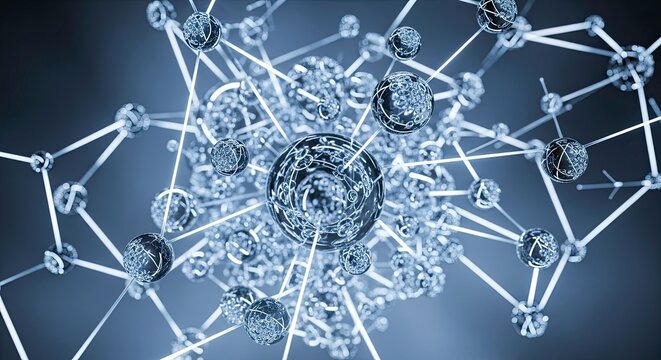 Abstract 3d rendering of a complex molecular structure or network of interconnected glowing nodes in blue tones